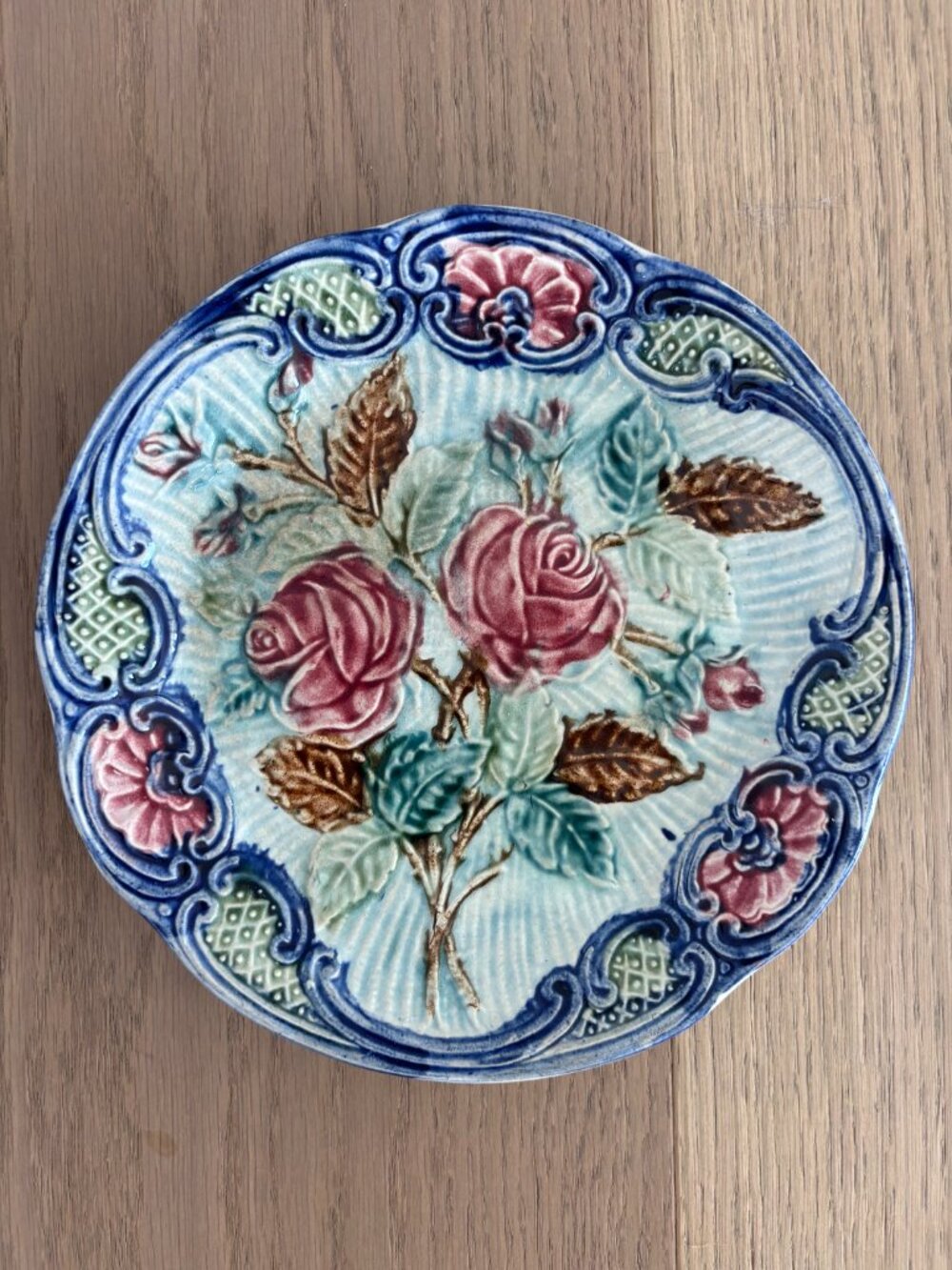 Antique Majolica 1890's Wasmuel Belgium plate with flower design
